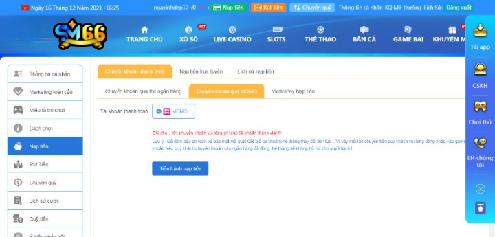 Nạp tiền ZM66 thông qua cổng thanh toán trực tuyến